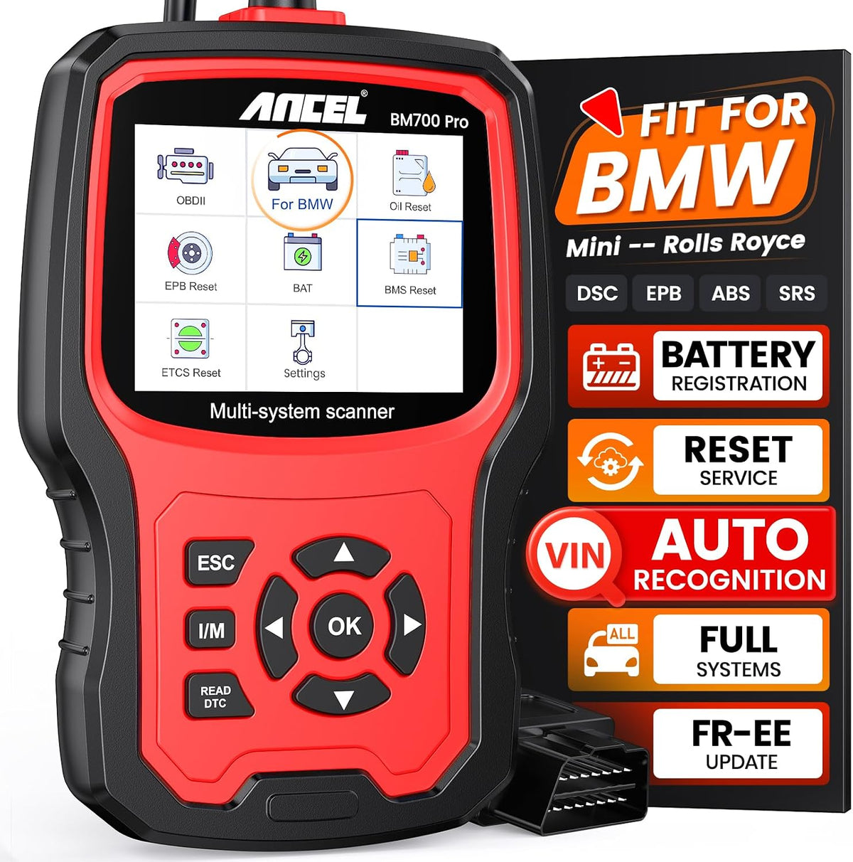 ANCEL BM700 PRO Fit for BMW Scanner - Battery Registration Tool, Code Reader for BMW/Mini/RR, Advanced OBD2 Scanner Auto V-I-N, Full System Diagnostic for BMW Scan Tool with All Reset Services (Blue)
