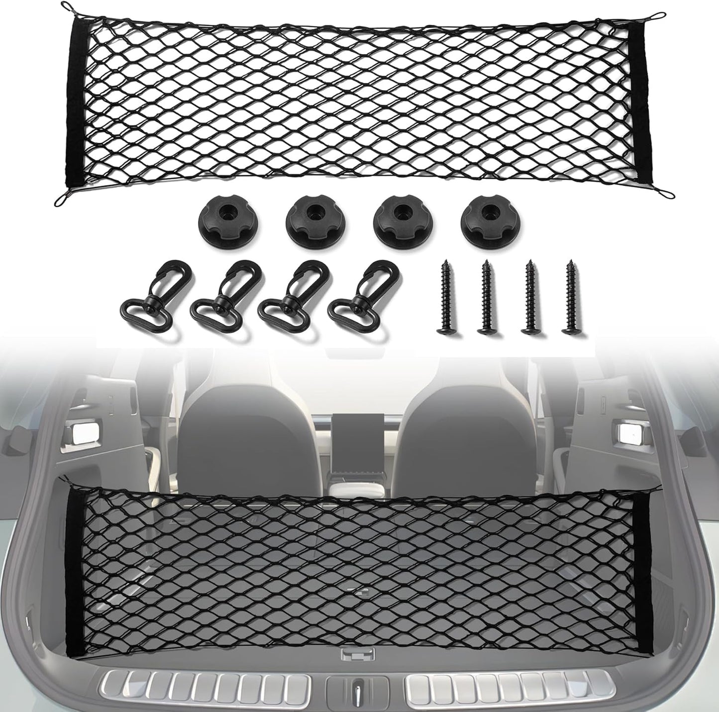 Amiss Cargo Net Stretchable, Car Exterior Accessories, Adjustable Elastic Trunk Storage Net with Hook for SUVs, Cars and Trucks (35.4x15.8 Inch)