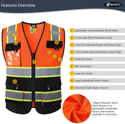 JKSafety Hi Vis Reflective Safety Vests for Men Women High Visibility Vest with Pockets Mesh Fabric Construction Safety Apparel Neon Vest for Work (220-Black L)