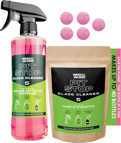 WASH&WHIPS Glass Cleaner Effervescent Tablets w/Empty 16 oz Spray Bottle (Makes 5 Gal/20L/ 40 Bottles)