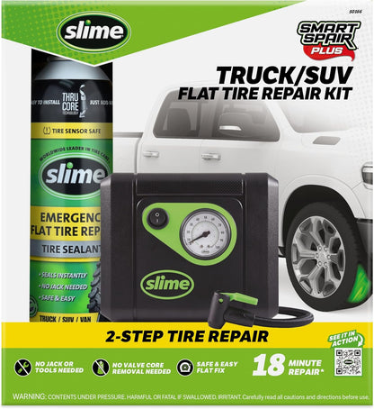 Slime 50107 Flat Tire Puncture Repair, Smart Spair, Emergency Kit For Car Tires, Includes Sealant And Tire Inflator Pump, Suitable For Cars And Other Highway Vehicles, 15 Min Fix