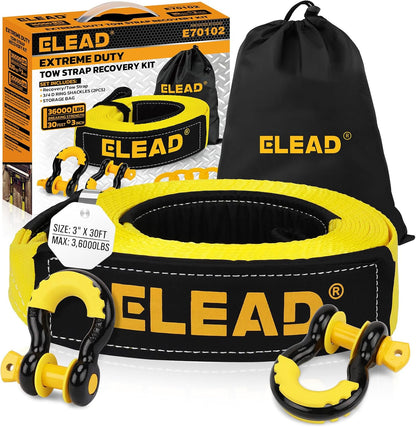 3" x 30Ft Recovery Tow Strap Heavy Duty with Hooks - 36000 LBS Break Strength, 3/4 D Ring Shackles (2pcs), Emergency Recovery Strap Tow Rope for Truck, SUV, ATV Offroad Vehicle