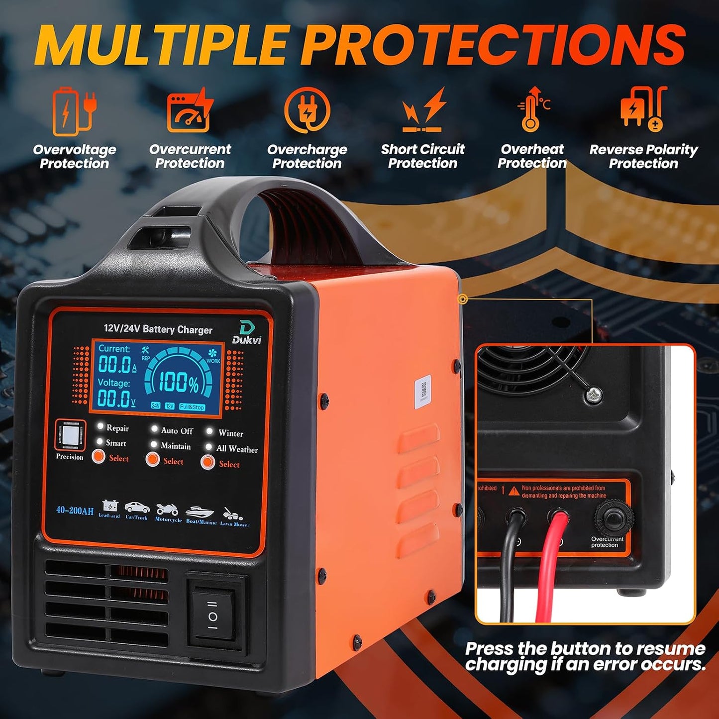 12V 24V Car Battery Charger Heavy Duty, 0-15A Automatic Battery Maintainer, Smart Trickle Charger with Repair & Winter Mode, Auto Shut-Off for AGM, Deep Cycle, Motorcycle, Truck, RV, Marine