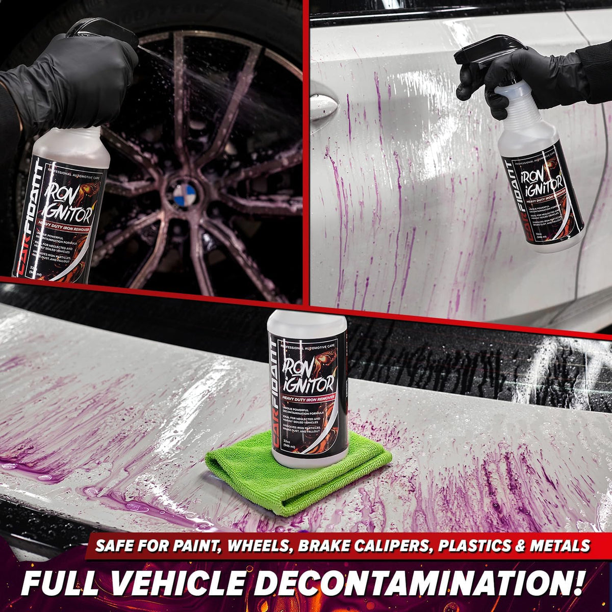 Carfidant Iron Ignitor - Iron Remover & Wheel Cleaner - Color-Changing Purple Decon Spray for Brake Dust, Rust, Fallout - Safe on Paint, Rims & Metal - Car Detailing - pH Neutral - 16oz