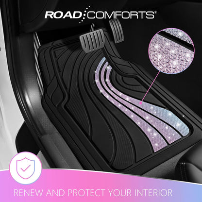 Road Comforts Car Floor Mats Full Set – Front & Rear Car Floor Mats with Aluminum Design, Anti-Slip Backing, All-Weather Protection, Trim-to-Fit Car Mats for Most Sedans, SUVs & Vans -All Pink
