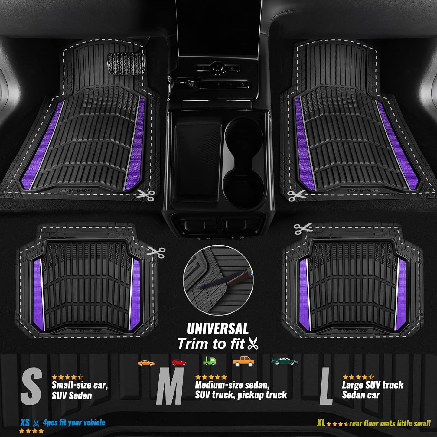 CAR PASS Heavy Duty Rubber Car Floor Mats, Deep Waterproof Car Floor Mats All Weather, Aluminum Film Floor Mats for Cars Non-Slip Universal Trim to Fit for SUVs Trucks Sedans Vans, Black Grey Metallic