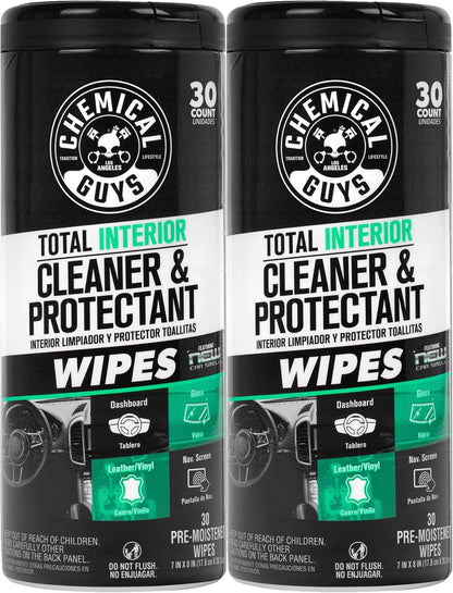 Chemical Guys Total Interior New Car Smell Cleaner & Protectant Wipes – All-in-One Interior Cleaning Wipes for Dashboards, Vinyl, Leather, Fabric & Glass – Cleans & Protects, New Car Scent, 30 Ct