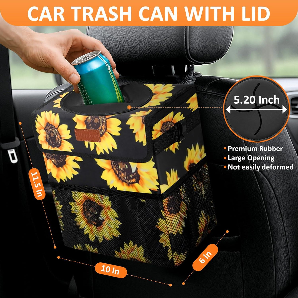 Vankor Car Trash Can Bin with Lid Hanging for Back Seat, Car Accessories for Women Men Leak Proof Automotive Garbage Cans Leakproof Vehicle Trash Can for Truck SUV Black