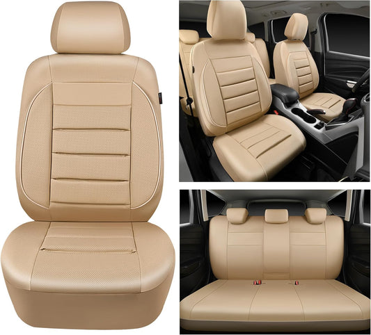 CAR PASS Leather Seat Covers Full Set Universal Water Resistant 3D Foam Back Support, Luxury Comfort Automotive 5 Seat Covers All Season Fit for SUV,Sedan,Van, Airbag Compatible Elegance(Pure Black)
