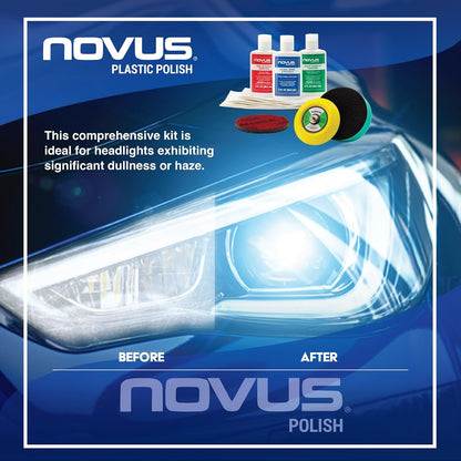 NOVUS Clear in Five Headlight Restoration Kit | 2 Ounce #1, 2, & 3 Bottles, Buffing Pad, Backing Pad Drill Attachment, 1,000 Grit Sanding Disk, 3 Polish Mates