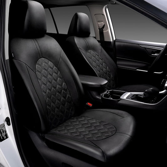 CAROMOP Luxury PU Leather Car Seat Covers Full Set-Waterproof Seat Protectors with Split Bench Seat Covers for Cars-Universal Cars Interior Covers for Sedans, SUVs, Pick-up Trucks(Gray/Gray Line)