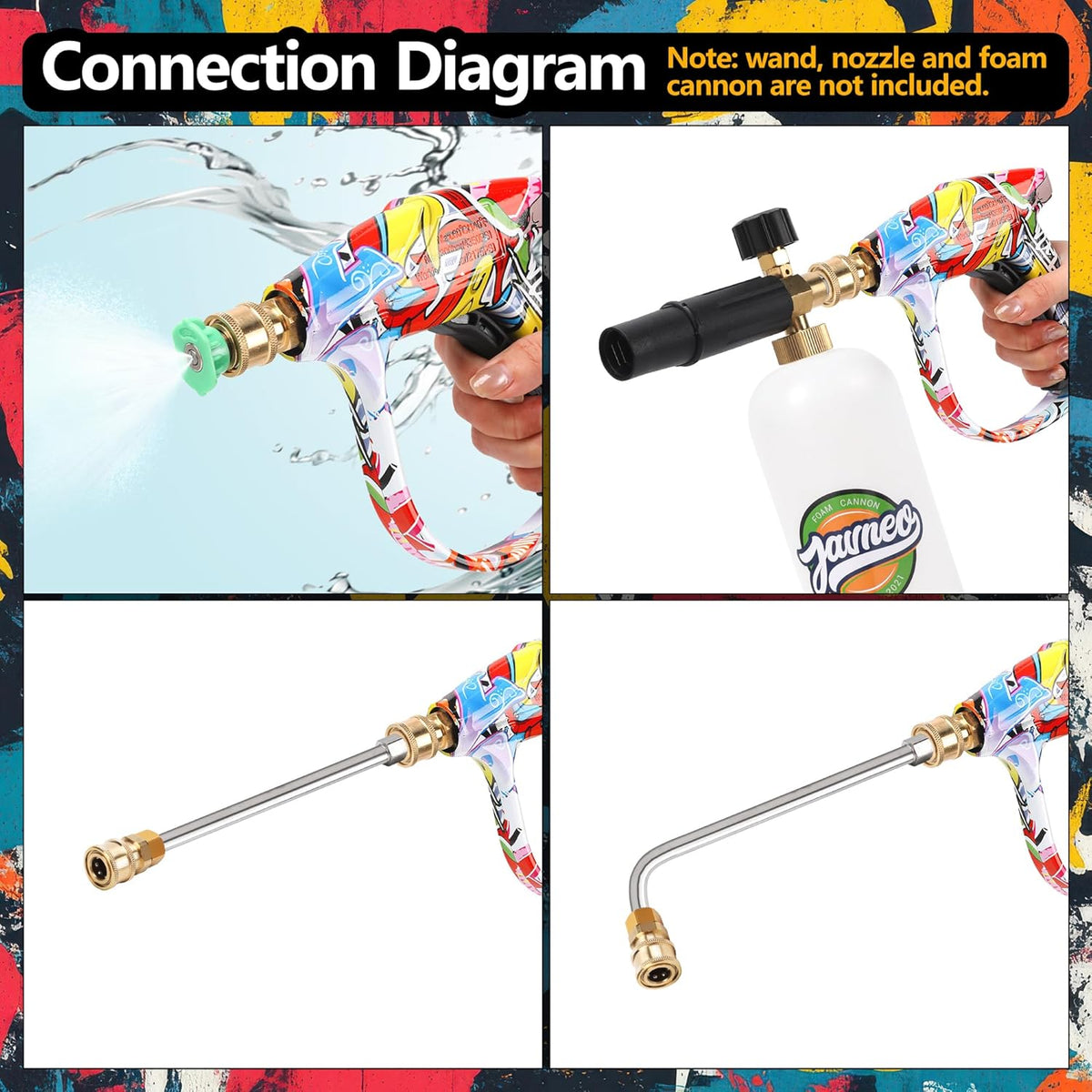 Foam Cannon Kit with Graffiti Short Pressure Washer Gun 3/8" Quick Connect M22-15mm Adapter Adjustable Snow Foam Bottle with 1/4" Quick Connect and 5 Nozzle Tips for Car Wash