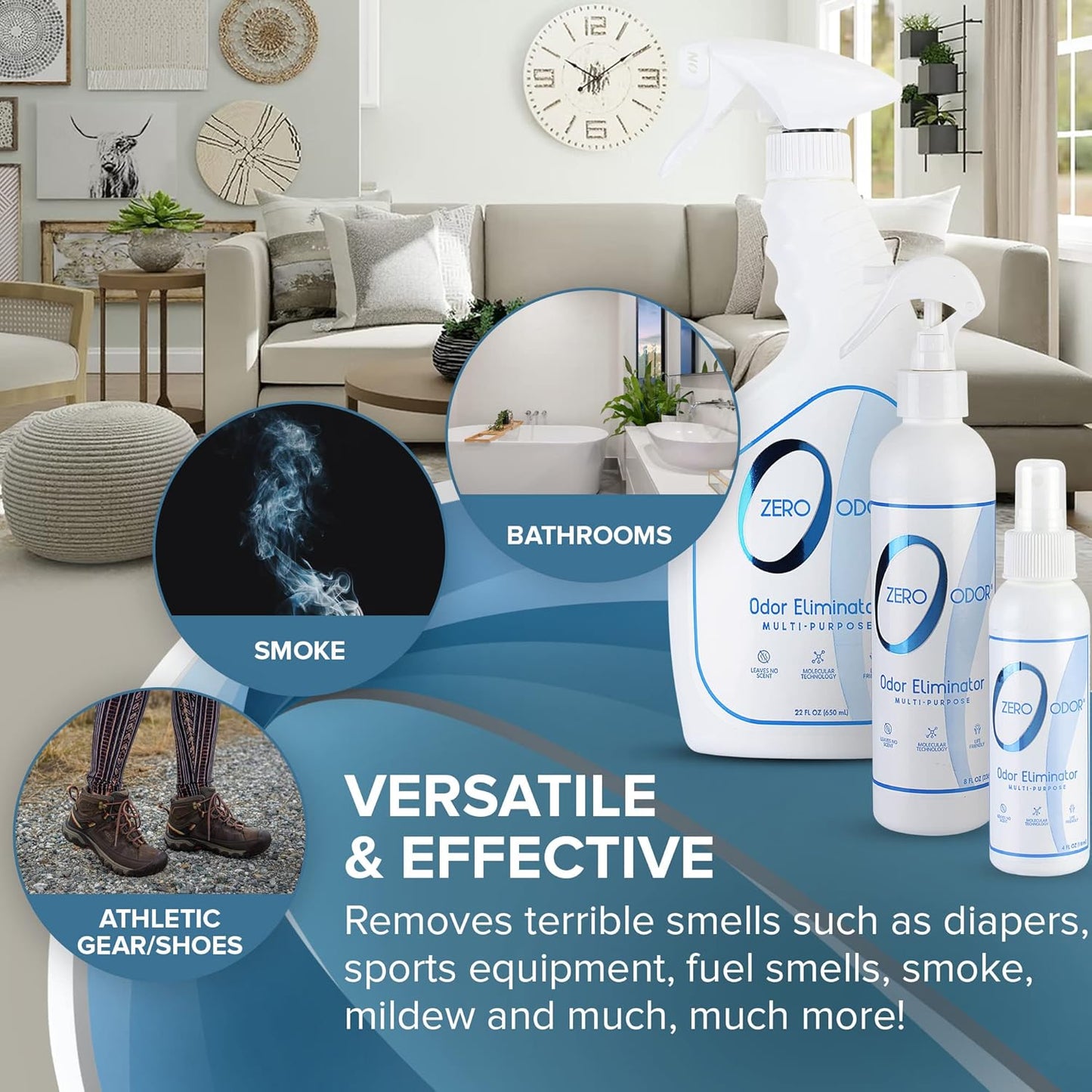 Zero Odor Multi-Purpose Odor Eliminator - Eliminate Air & Surface Odor – Patented Technology Best for Bathroom, Kitchen, Fabric, Closet- Smell Great Again, 8oz (Over 1000 Sprays)