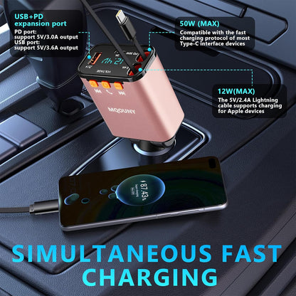 Retractable Car Charger,5 in 1 Fast Cars Phone Charger 60w,Bluetooth 5.3 FM Transmitter Adapter,Handsfree Call,MP3 Player,2 Retractable Cables and USB Chargers, for Phone,Galaxy,Pixel (Black)