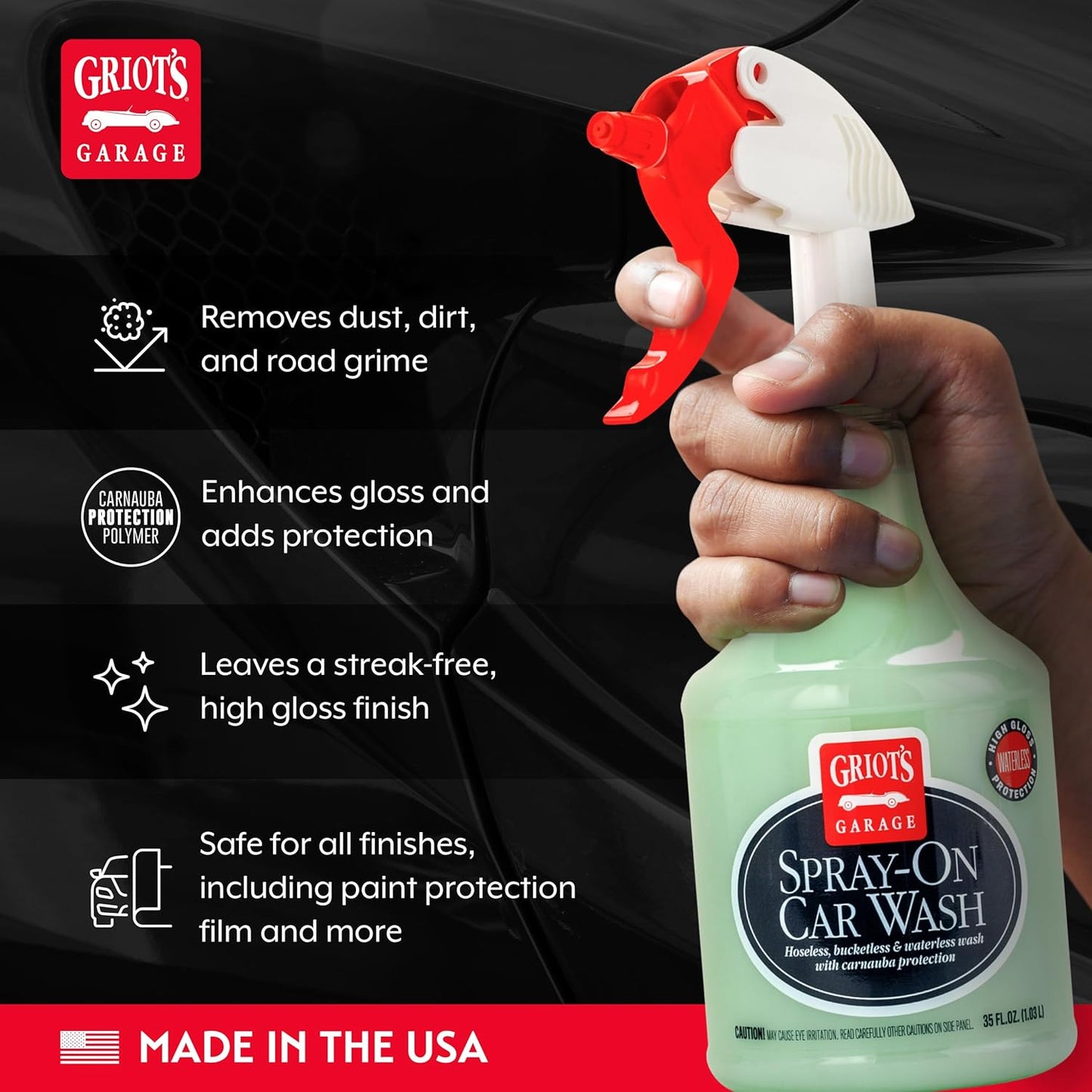 Griot's Garage Spray-On Car Wash for Vehicle Cleaning and Detailing, Rinseless and Waterless, No Hose and Bucket Needed, With Carnauba Wax Protection, 11065, 35oz
