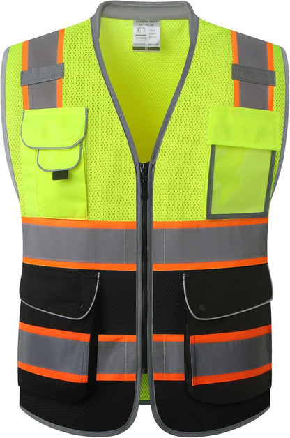 JKSafety 9 Pockets Class 2 High Visibility Zipper Front Safety Vest With Reflective Strips,Meets ANSI/ISEA Standard (Large, 150-Yellow) - Colors B