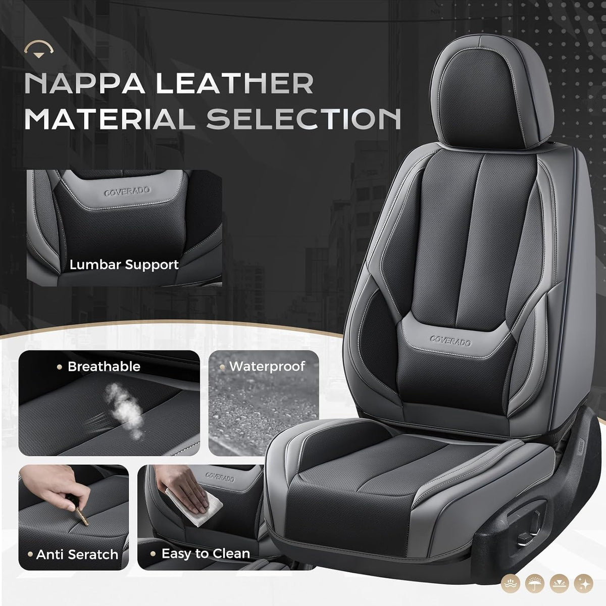 Coverado Seat Covers Full Set, Black Seat Covers for Cars 5 Seats, Car Seat Protector, Waterproof Nappa Leather Car Seat Cushion, Front and Rear Car Seat Cover Fit for Most Sedans SUV Pick-up Truck - Colors A