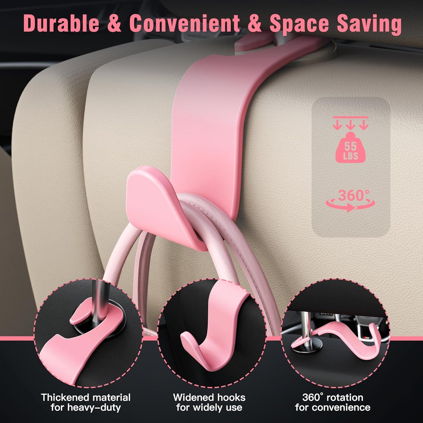 Amooca 4-Pack Car Headrest Hooks Vehicle Storage Organizer for Purses Handbags Groceries Backpack Coats –Holds 55lbs 360° Rotating Black
