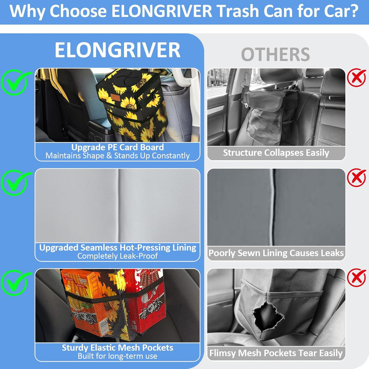 ELONGRIVER Car Trash Can Bin for Back Seat Leak Proof, Cute Car Trash Bag Hanging, Vehicle Trash Can for SUV Truck Van, Automotive Garbage Cans Front Seat Black