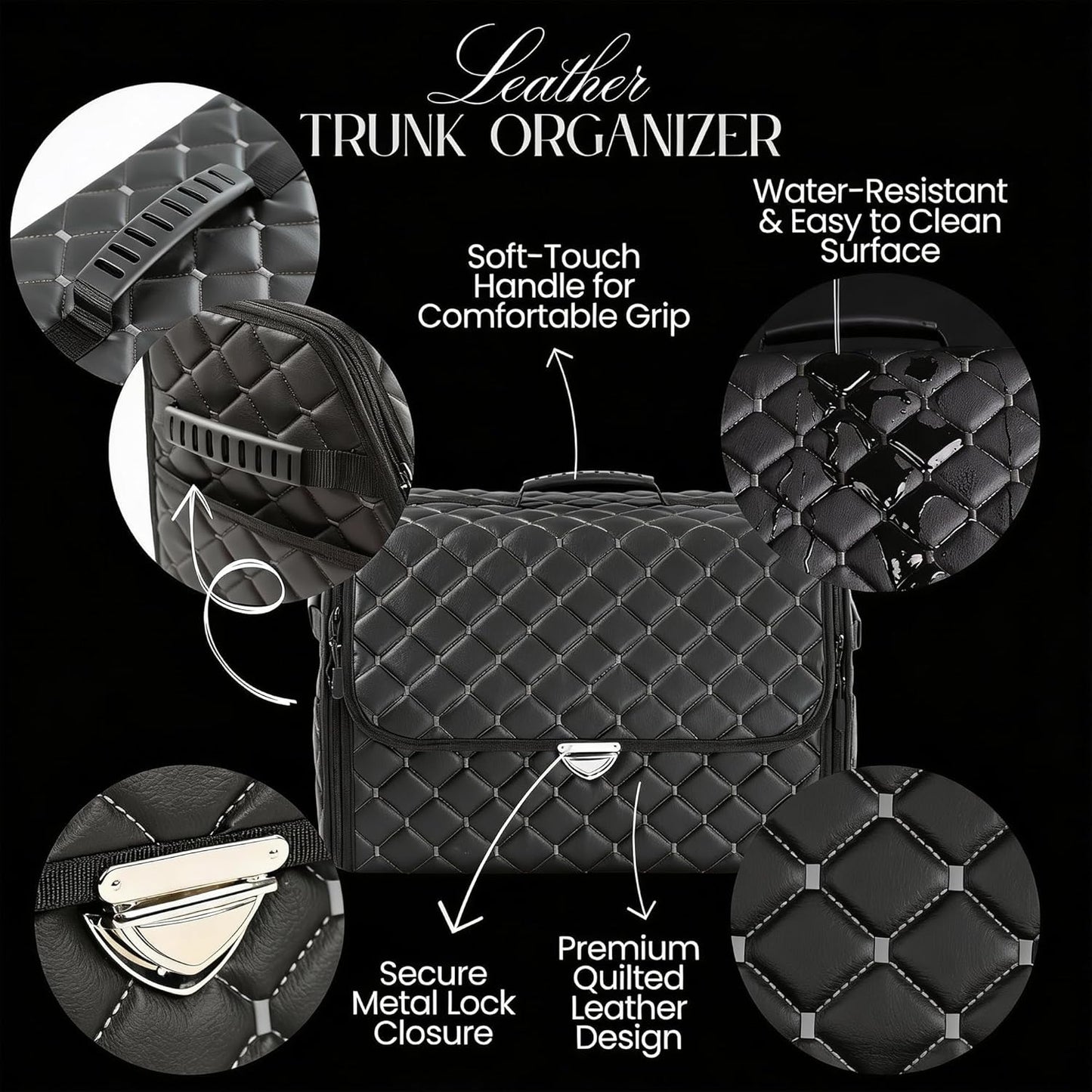 Leather Trunk Organizer with Lid for Suv and more, Foldable Car Organizer, Car Organizers and Storage with Pockets, Non-Slip Design (Black-Black)