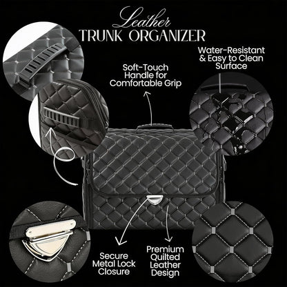 Leather Trunk Organizer with Lid for Suv and more, Foldable Car Organizer, Car Organizers and Storage with Pockets, Non-Slip Design (Black-Black)