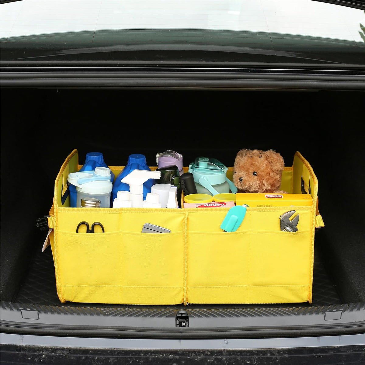 Car Suv Trunk Organizer,Sturdy Storage Organizer for Car Accessories,Tools,Sundries.Upgraded 4 Carrying Handles,72L,Foldable,Waterproof,Multi Compartment,2 Straps for Fixation (Yellow B)