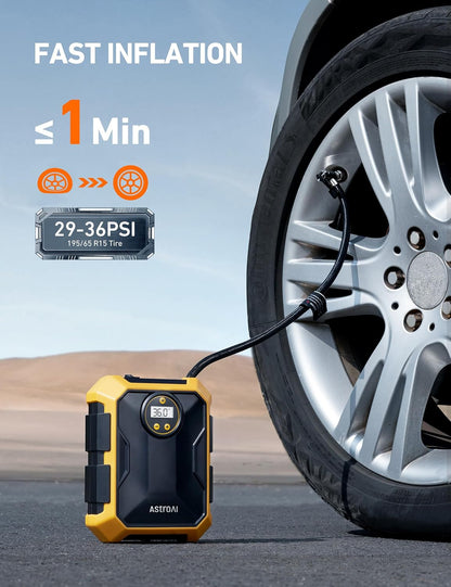AstroAI Tire Inflator Portable Air Compressor 12V DC 100PSI, Integrated Storage, Digital Gauge, Auto Shut-Off Fast Inflation LED Light, Air Pump for Car Tires Bike Motorcycle Other Inflatables, Yellow