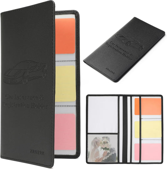 Premium Car Registration & Insurance Card Holder with Magnetic Closure & Clear Pockets, Glove Box Organizer for Documents, Driver's License (Reticulated black)