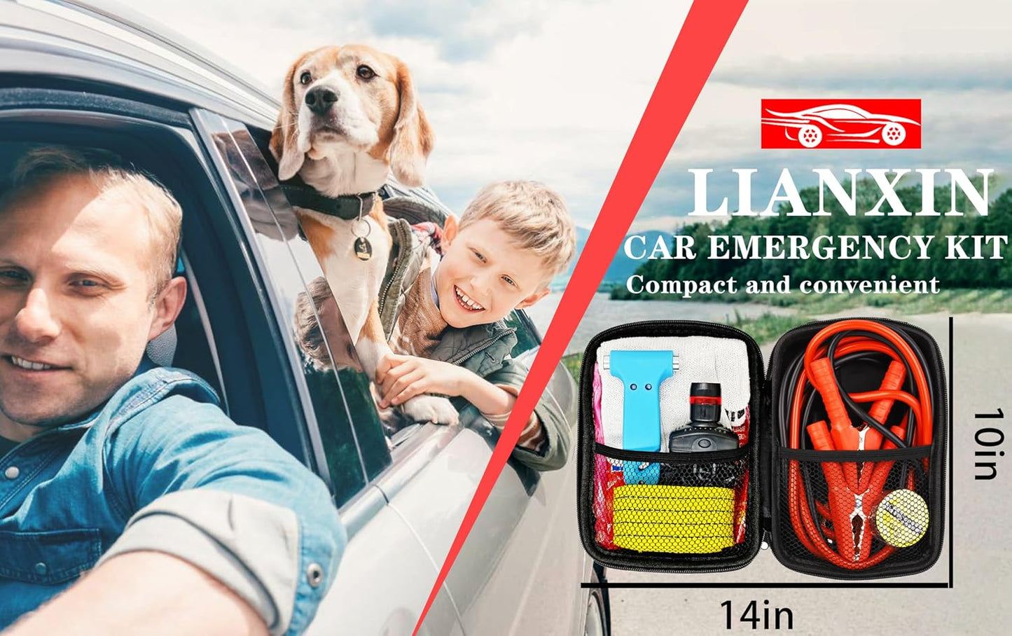 LIANXIN Car Roadside Emergency Kit, with Jumper Cables Automotive Kit,Car Safety Roadside Assistance Kit Headlamp,Tow Straps, Safety Hammers, Rainwear, Gloves.Black