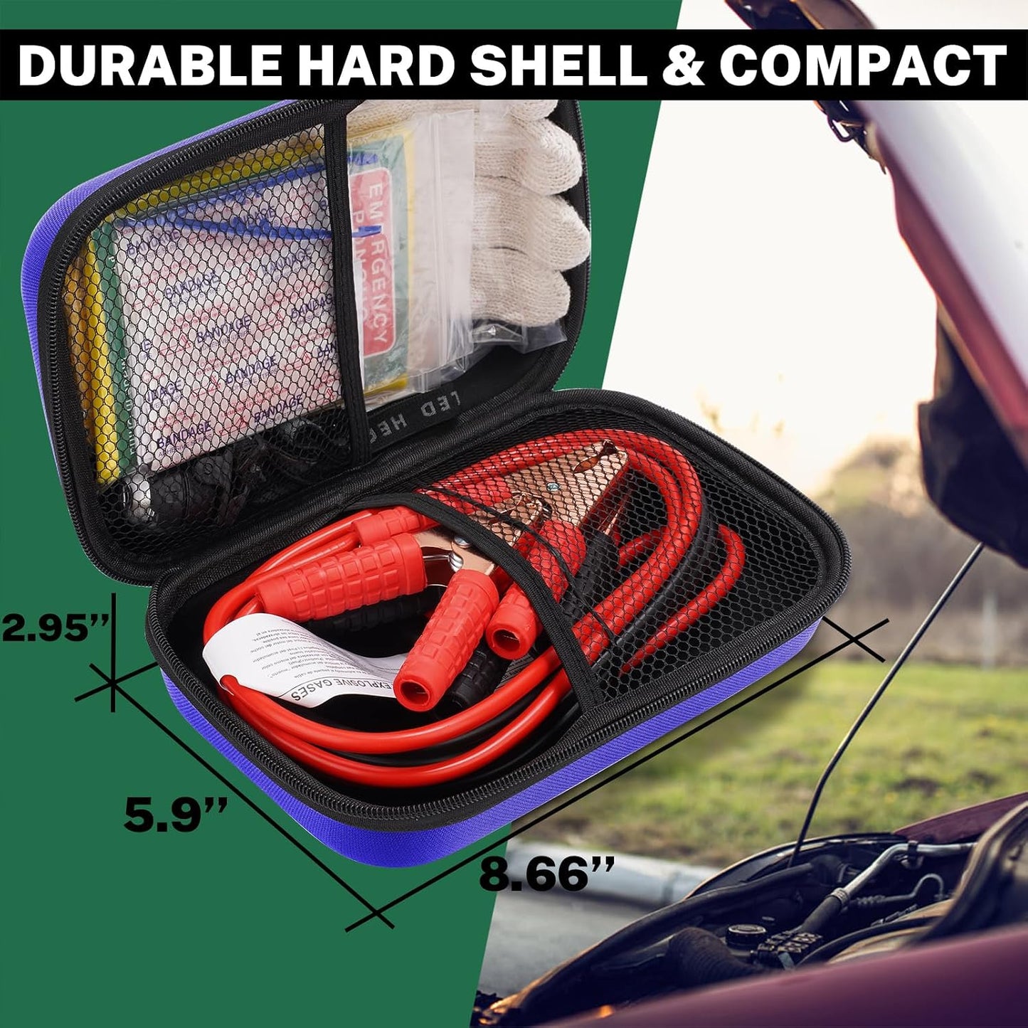 Car Roadside Emergency Kit with Battery Jumper Cables,Car Accessories for Men or Women,Automotive Safety Kit for Car,Vehicle, Truck or SUV,Gifts for Men or Him,Green