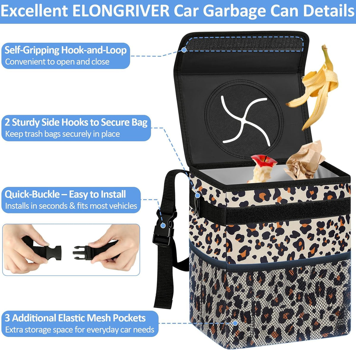 ELONGRIVER Car Trash Can Bin for Back Seat Leak Proof, Cute Car Trash Bag Hanging, Vehicle Trash Can for SUV Truck Van, Automotive Garbage Cans Front Seat Black