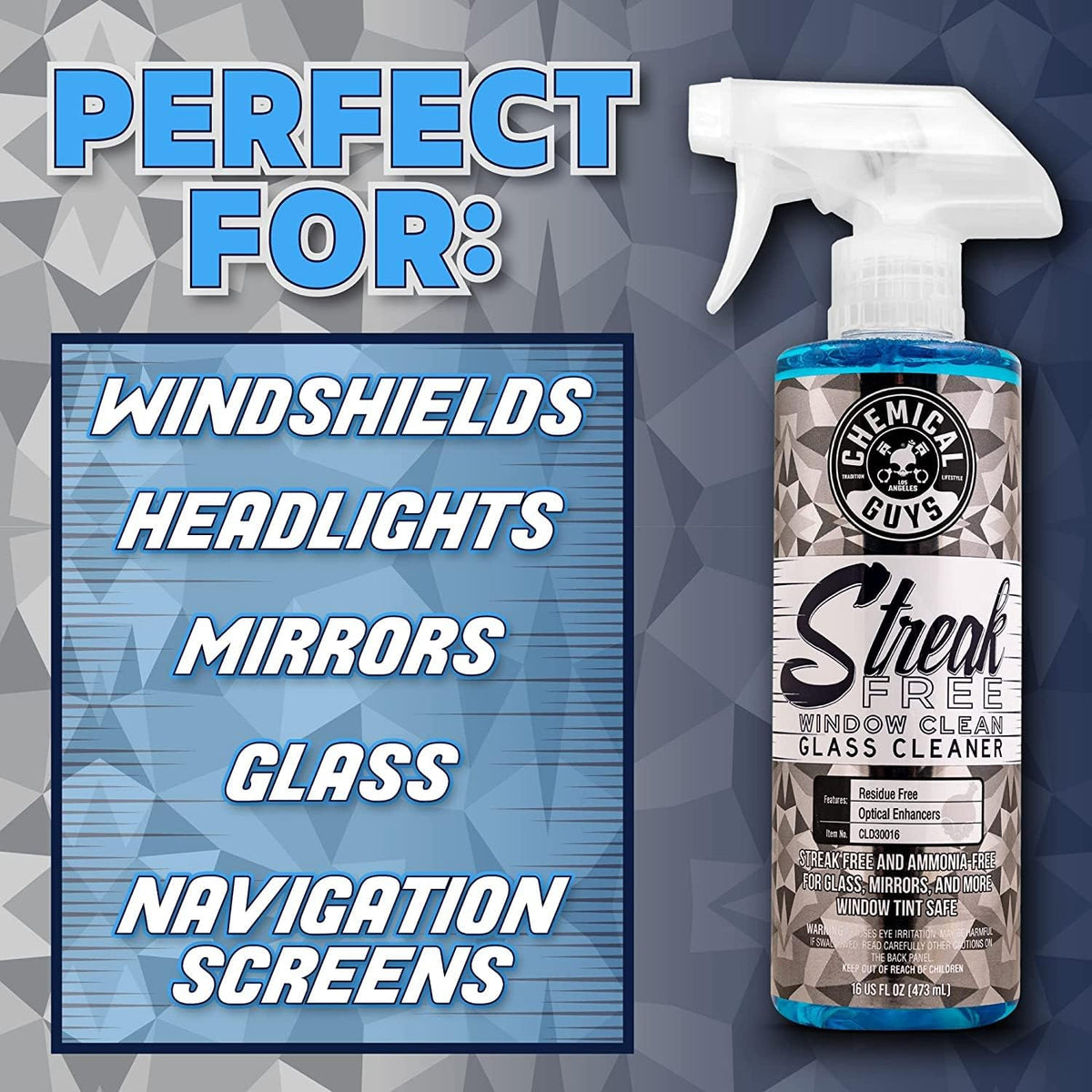 Chemical Guys Streak Free Window Cleaner – Ammonia-Free Glass Cleaner for Crystal Clear Clarity, Safe on Tint, Mirrors, Touchscreens, Windshields, and Chrome, 32 fl oz