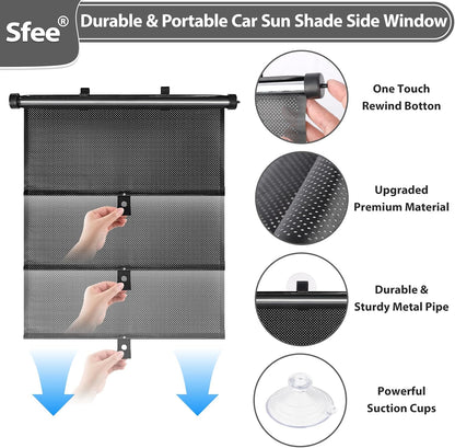 Sfee Car Window Shade for Side Windows, 2 Pack Sun Shade Retractable for Car Blocks Heat and UV Rays Glare Protection Roller Sunshade Visor for Baby, Kids, Pets, Passengers