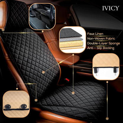IVICY Faux Linen Front Car Seat Cover – Non-Slip Bucket Seat Protector for Most Cars, SUVs, Vans & Trucks – 1 Seat Cover, Machine Washable, Side-Airbag Friendly, Light Beige