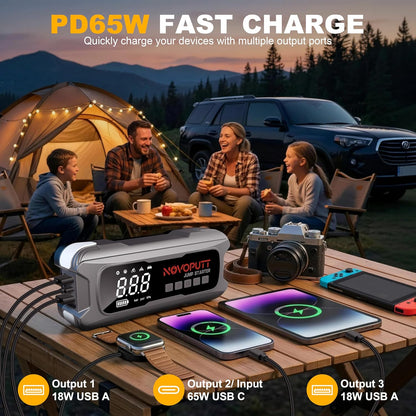 6000A Jump Starter with Air Compressor, PD 65W Fast Recharging,Portable Car Battery Jumper Starter for All Gas &10.0L Diesel, Dual Cylinder Fast Inflator with Light,12V Battery Booster Emergency Kit