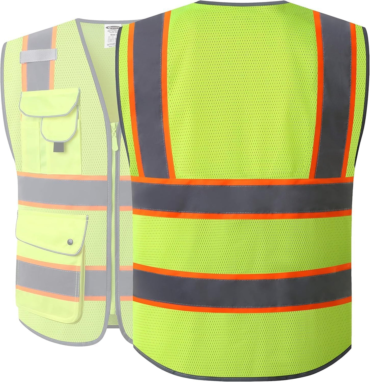 JKSafety 9 Pockets Class 2 High Visibility Zipper Front Safety Vest With Reflective Strips,Meets ANSI/ISEA Standard (Large, 150-Yellow) - Colors A