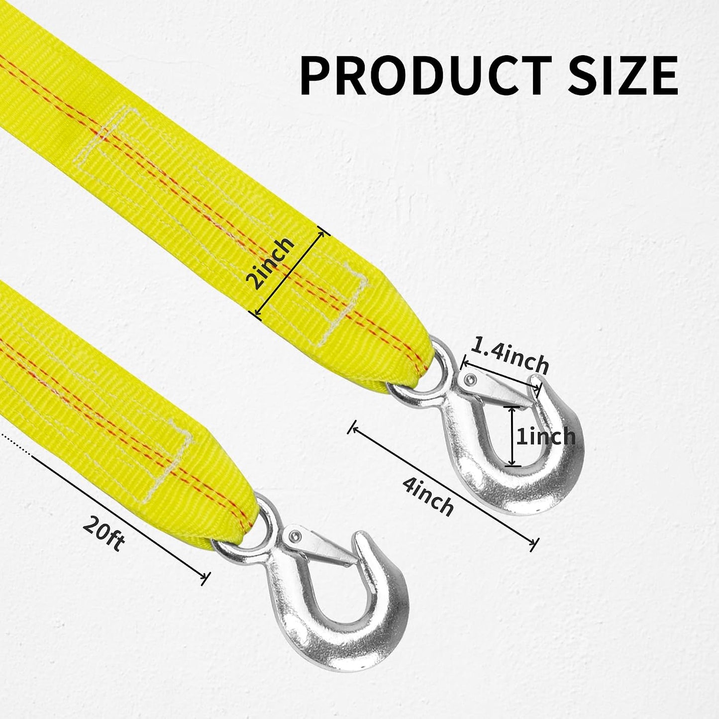 Tow Strap with Hooks 2 Inch x 20 Foot, 20,000 lbs Capacity Tow Rope - Heavy Duty Emergency Towing Straps for Vehicles, Cars, Trucks, ATV, for Roadside Recovery, not for Off-Road Recovery