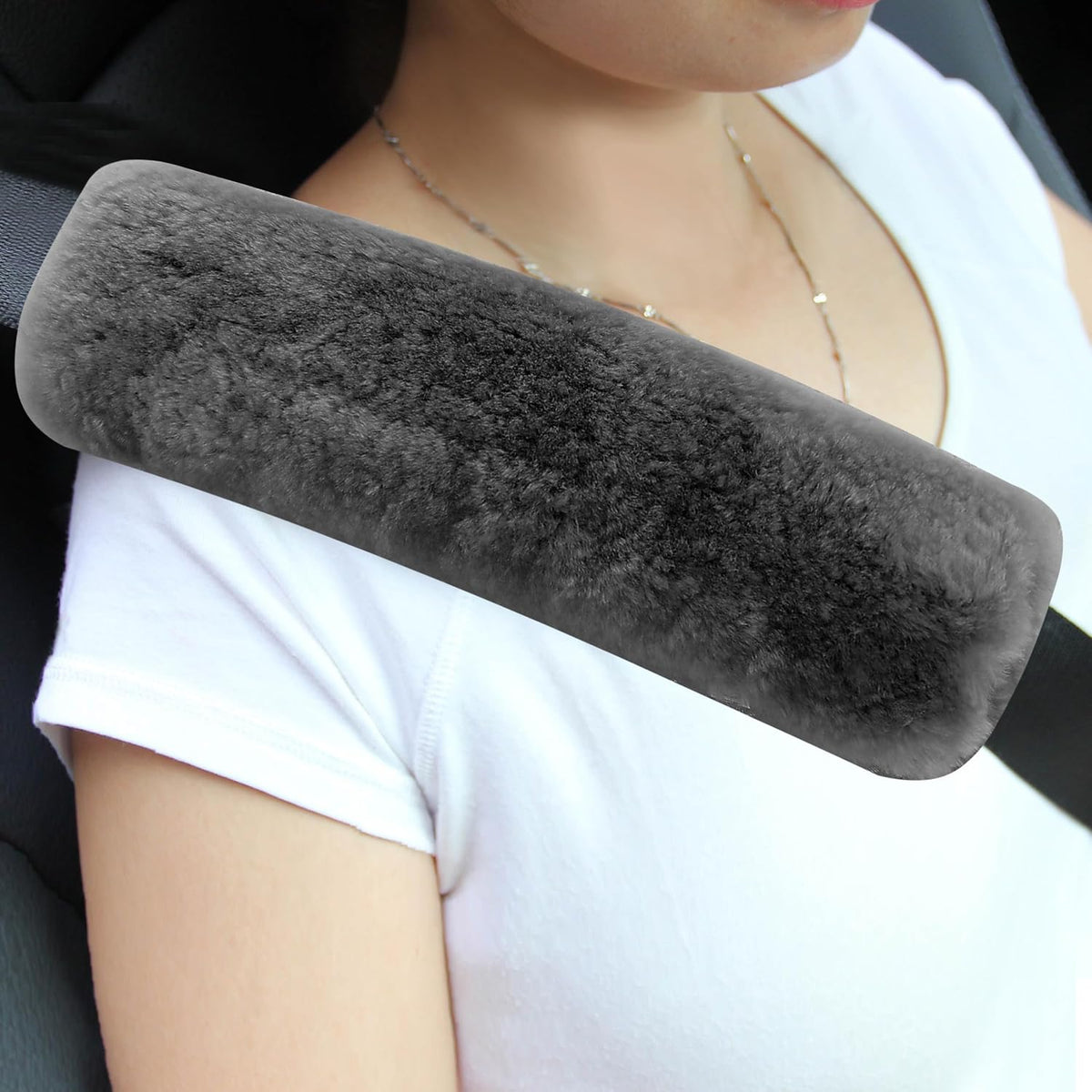 Amooca Soft Faux Fur Universal Fit Seatbelt Cover Car Truck SUV Airplane Seat Belt Shoulder Pad for Carmera Backpack Straps Neck Cushion Protector 2 Pack 10.5in Dark Gray