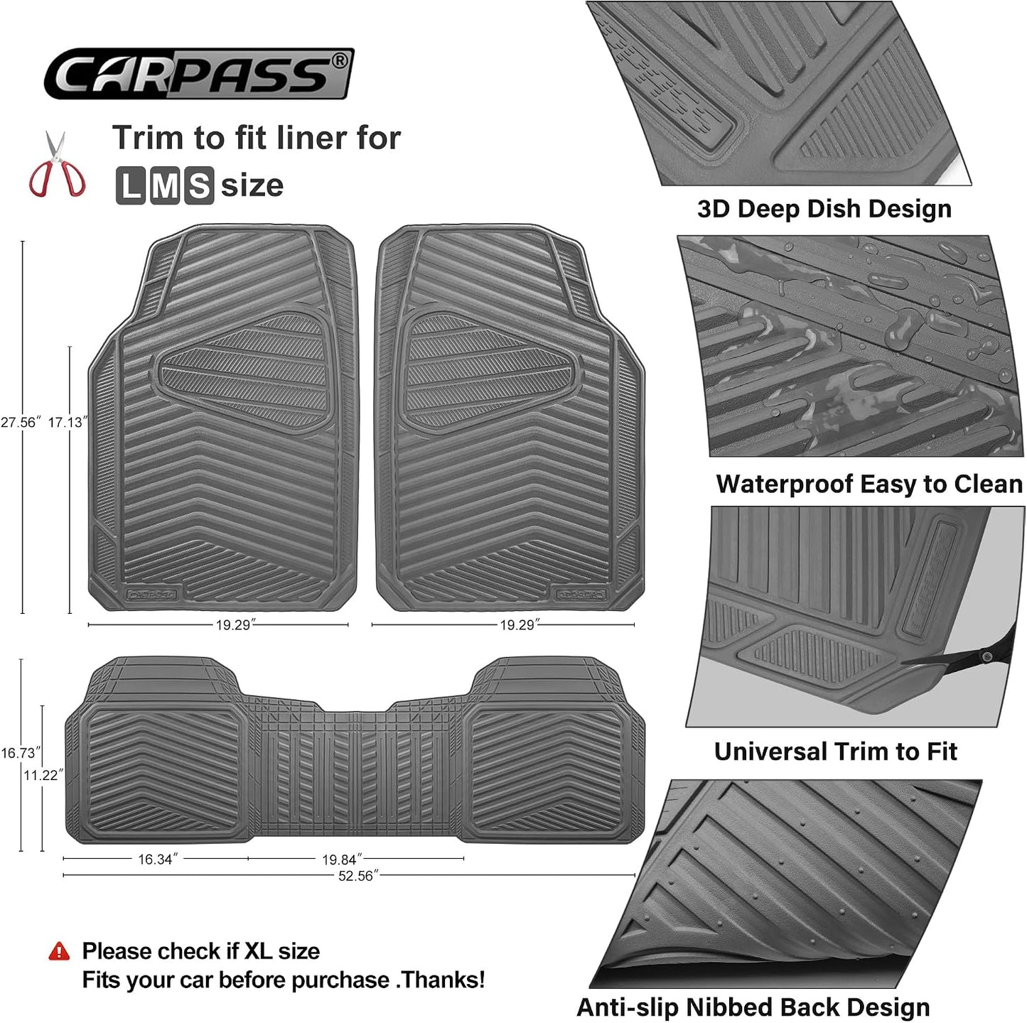 CAR PASS Rubber Car Mats, Waterproof Car Floor Mats All Weather,Car Mat Full Set 3 Piece, Automotive Floor Mat Trim to Fit for Cars Sedans SUVs Trucks, Anti-Slip Easy Clean, All Black