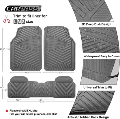 CAR PASS Rubber Car Mats, Waterproof Car Floor Mats All Weather,Car Mat Full Set 3 Piece, Automotive Floor Mat Trim to Fit for Cars Sedans SUVs Trucks, Anti-Slip Easy Clean, All Black