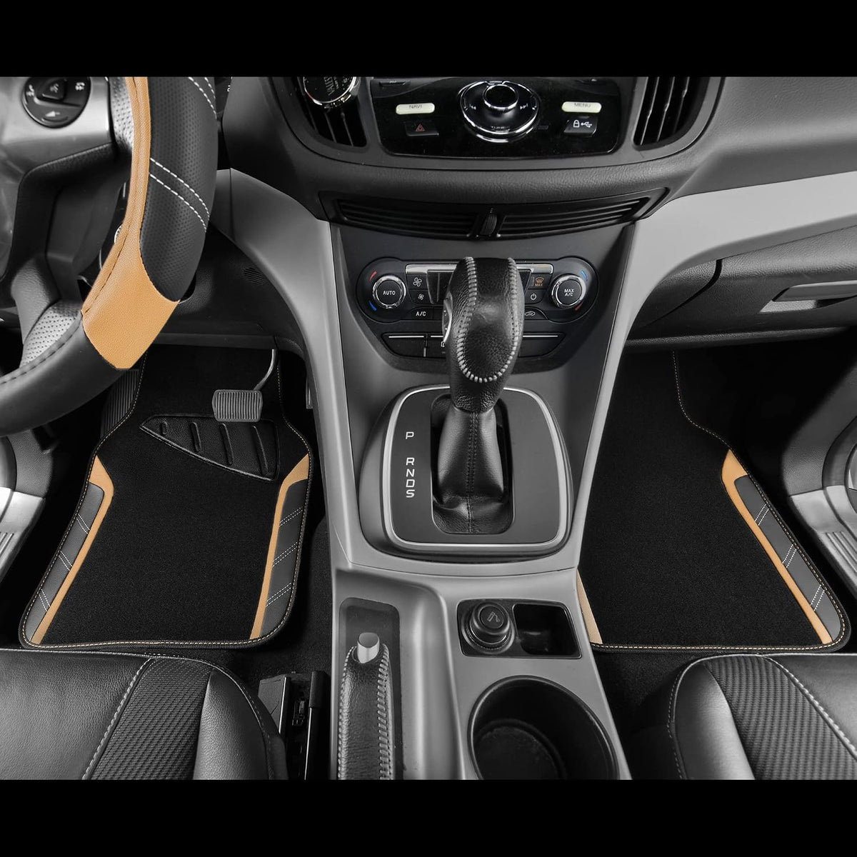 CAR PASS Air Mesh Leather Car Seat Covers Full Set, Waterproof Car Floor Mats, Sporty Steering Wheel Cover 14.5-15in, Universal Fits for 95% Cars Truck SUV (Black and Blue)