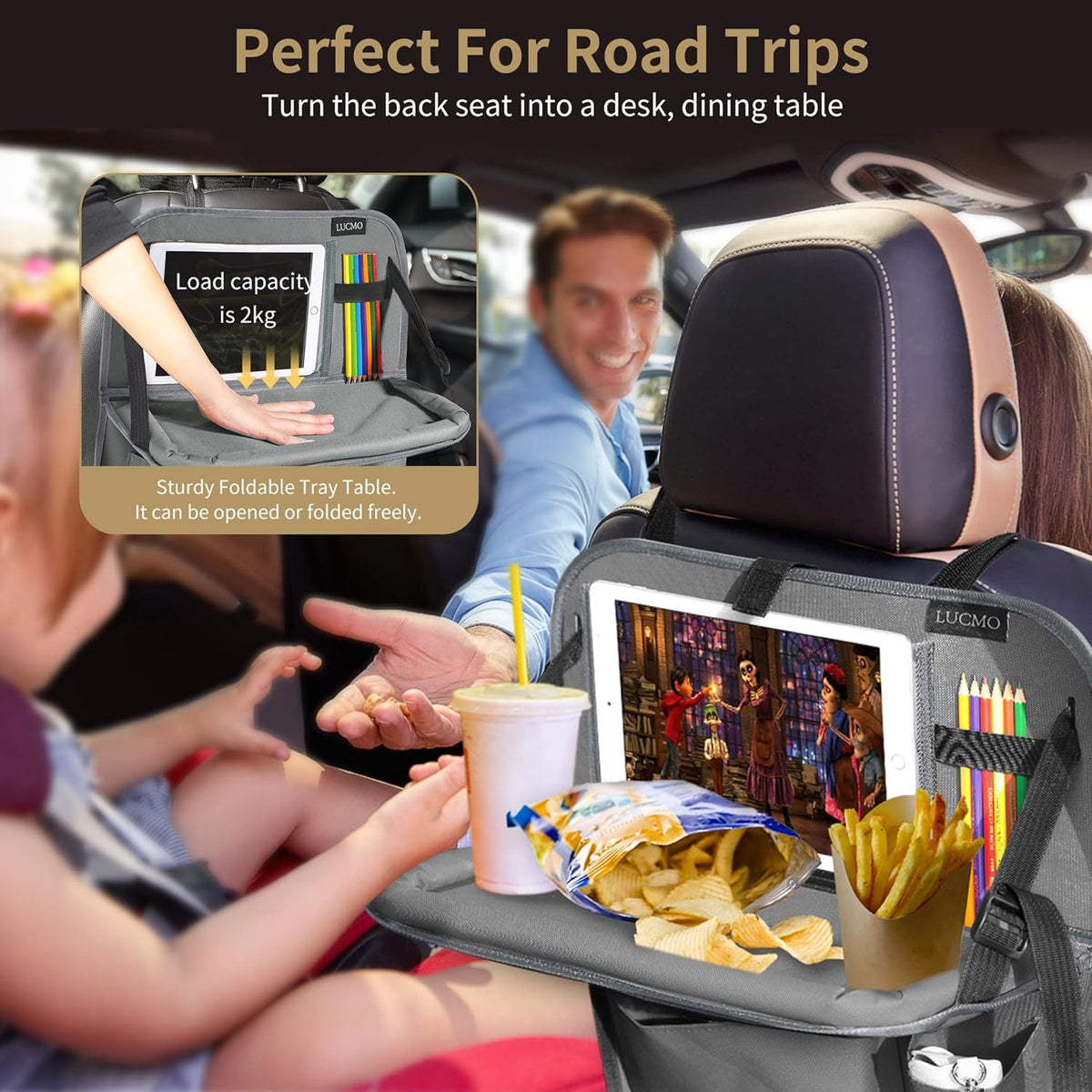 LUCMO Car Backseat Organizer with Tablet Holder,6 Storage Pockets Car Storage Organizer with Foldable Food Tray,Protectors Kick Mats Travel Accessories-Black