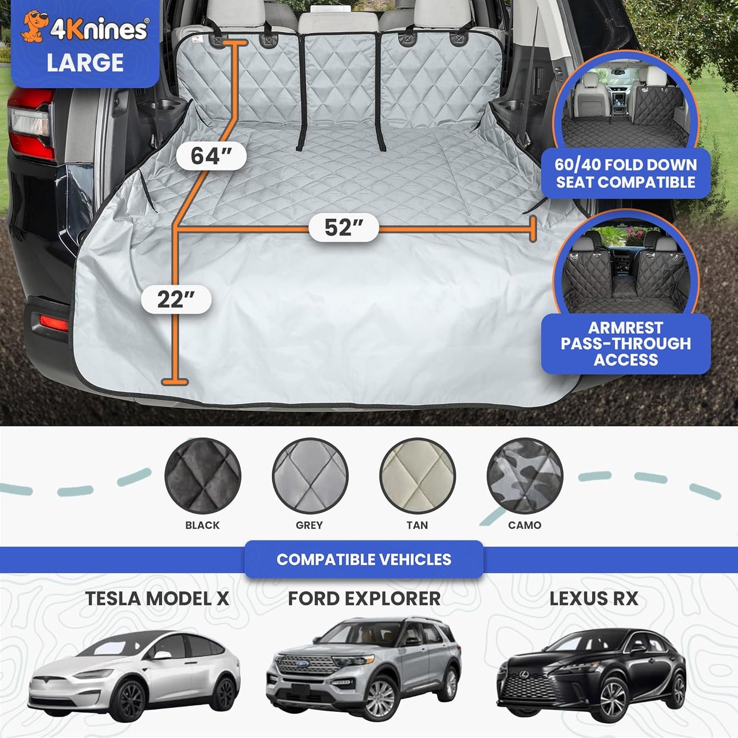 4Knines Split Cargo Liner for SUV – For Dogs & Pets, Heavy-Duty, Waterproof Trunk Mat & Cargo Cover – Fits 60/40 Split Bench & Armrest Pass-Through – Machine Washable, Non-Slip, Durable (Large, Black)