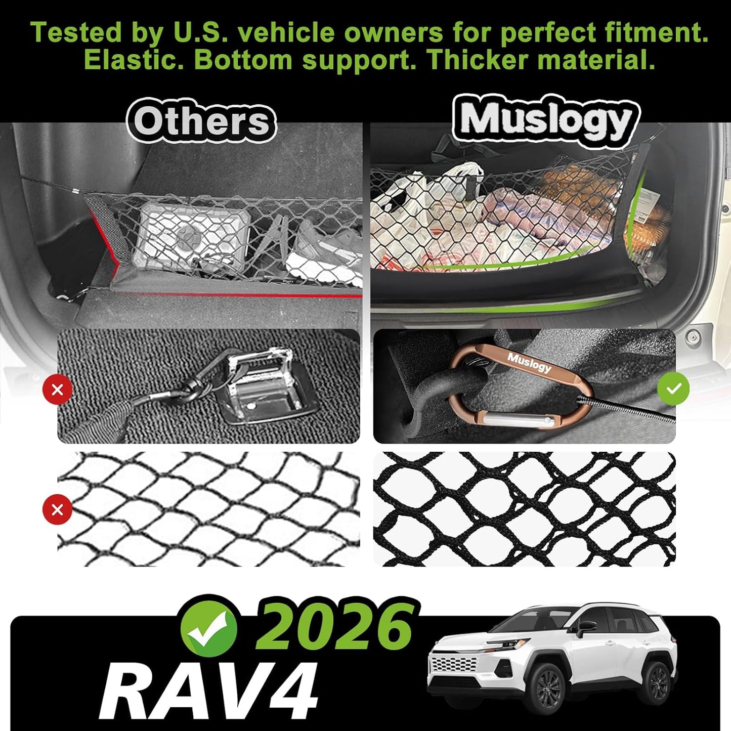Muslogy Truck Bed Cargo Net Trunk Netting Compatible with 2023-2025 2026 Honda CR-V Accessories, Pickup Cargo Organizer SUV Sedan Storage Net w/Heavy Duty Carabiners - Colors A