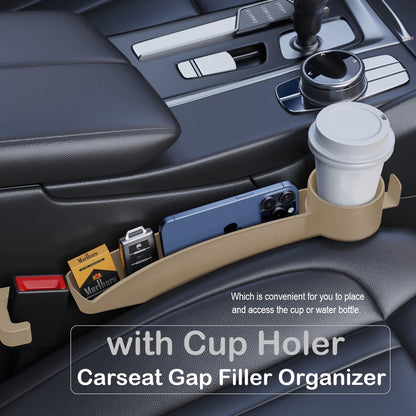 Car Seat Gap Plug with Storage Slot, Auto Gap Filler Organizer with Cup Holder, Universal Carseat Side Gap Filler Strip 2 Pack Between Front Seats & Console, Anti-Drop Pad with Seatbelt Holes, Black