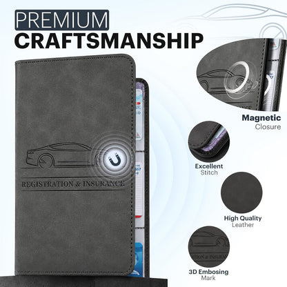 Car Registration and Insurance Card Holder, Magnetic Closure Leather Vehicle Document Organizer, Neat Stitched Glove Box Storage Case, Compact Lightweight Card Holder for Driver License - Black