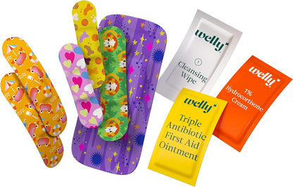 Welly First Aid Kit - Bravery Badges in Flexible Fabric and Waterproof, Singe Use Ointments Triple Antibiotic, Cleansing Wipes and Hydrocortisone - 70 Count