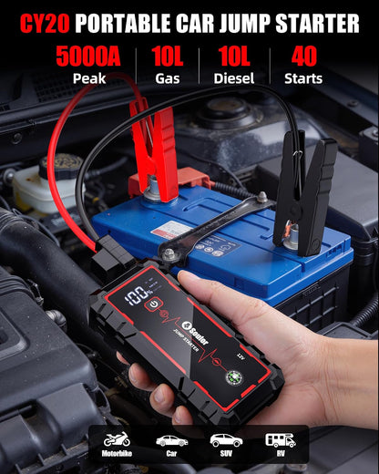 Jump Starter, Battery Jumper Starter Portable, Car Battery Jump Starter with 3 Modes Flashlight, Compass, Power Bank and Jumper Cable