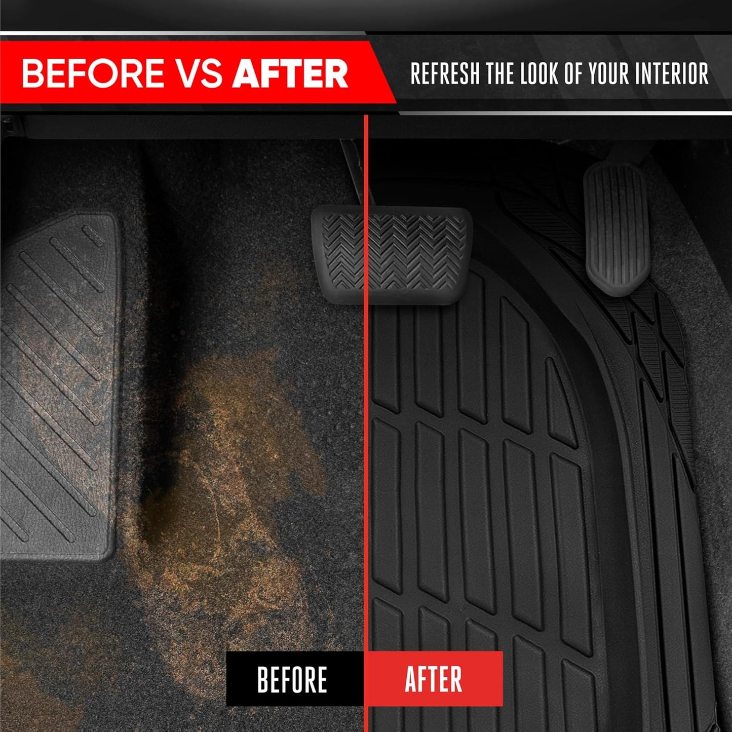 Motor Trend FlexTough 4-Piece Heavy Duty Floor Mats for Cars Trucks SUVs, Automotive Floor Mats Car Mats Full Set Front, Rear & Cargo, Trim-To-Fit Semi-Custom Deep Dish All Weather Rubber Mats - Black
