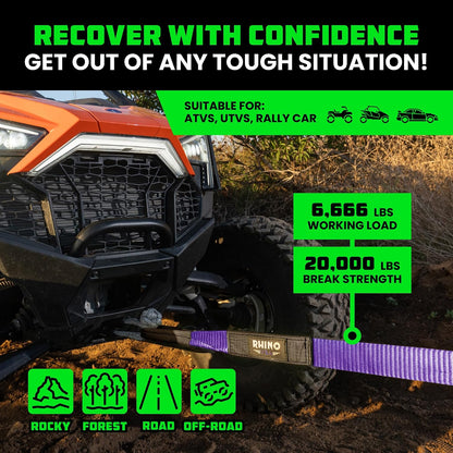 Rhino USA Recovery Tow Strap (3" x 20') - 31,518lb Break Strength - Emergency Recovery Strap Tow Rope for Truck, UTV, ATV & More - Heavy Duty Towing Strap for Offroad 4x4 Use - Compatible with Jeep